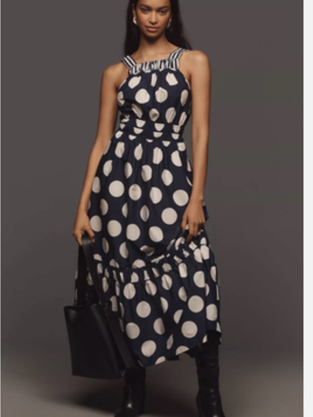 Anthropologie The Somerset Navy and White Polka Dot Halter Midi Dress